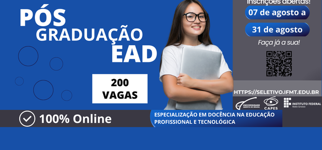 Pós-Graduação a distância da UAB/IFMT, oferta 200 vagas para especialização em docência